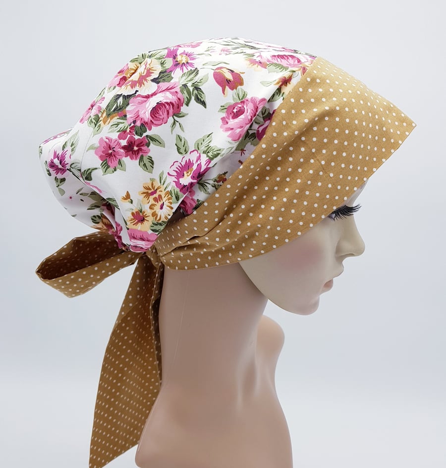 Cotton head wear for women, tichel head snood, elasticated bonnet with long ties