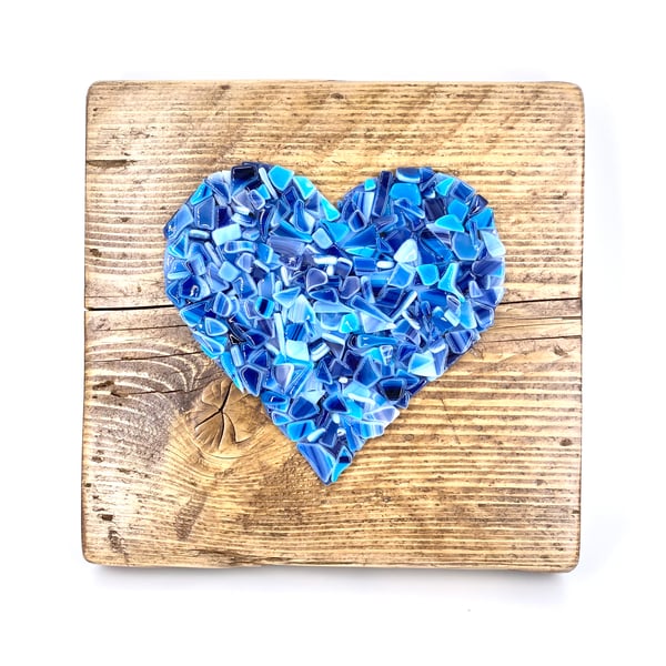 Blue & Turquoise Crushed Glass Heart on Reclaimed Wood