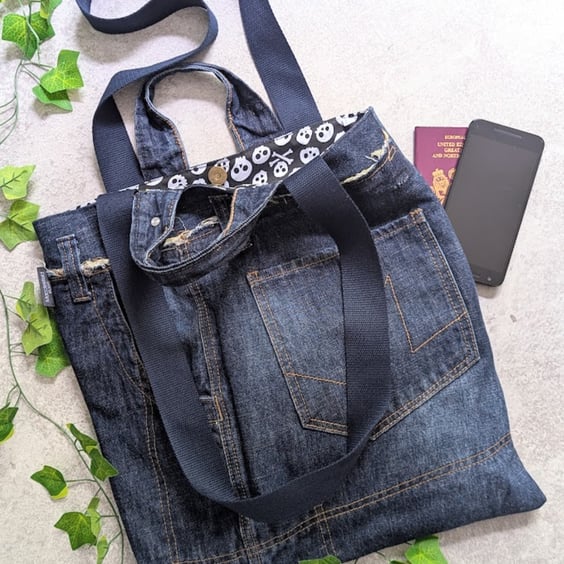 Upcycled Denim Tote Bag. Recycled Denim Shoulder Tote with Grab Handles