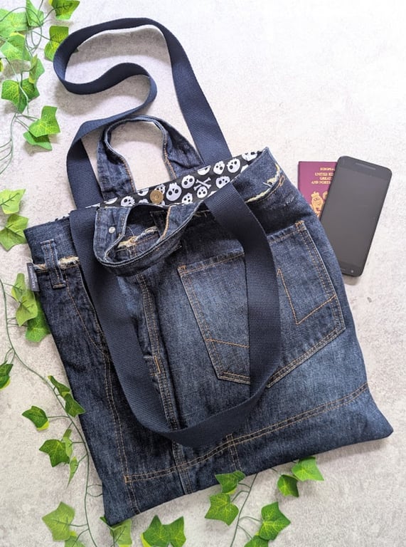 Upcycled Denim Tote Bag. Recycled Denim Shoulder Tote with Grab Handles