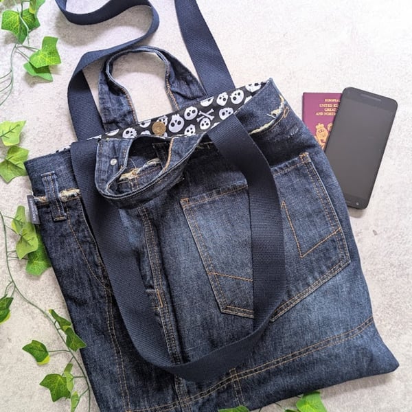 Upcycled Denim Tote Bag. Recycled Denim Shoulder Tote with Grab Handles