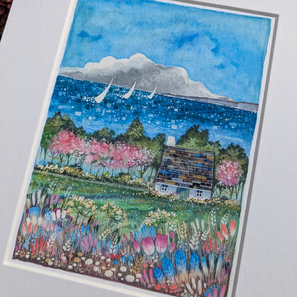 Sail Away Cottage - Original mixed media on paper. A5 Mounted