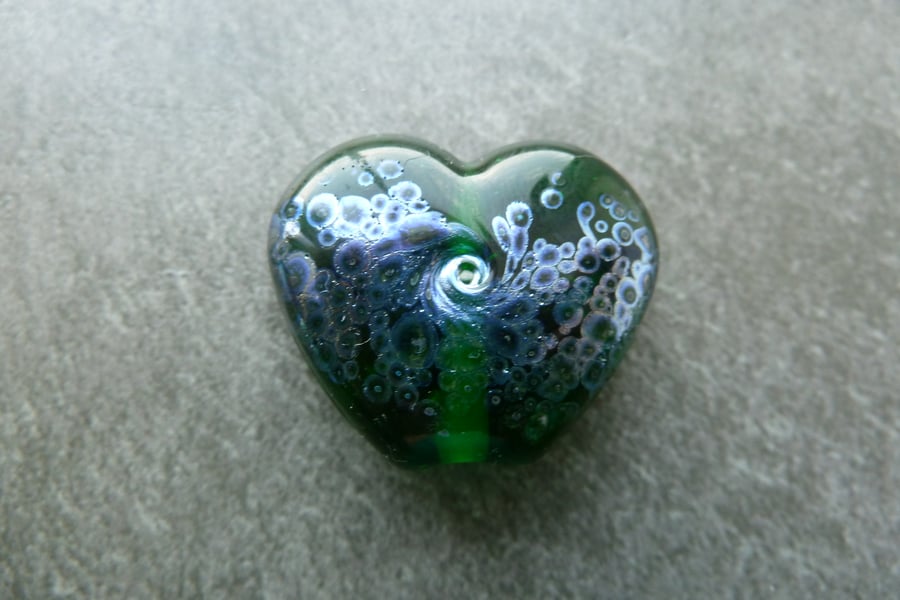 green heart silver frit lampwork glass bead