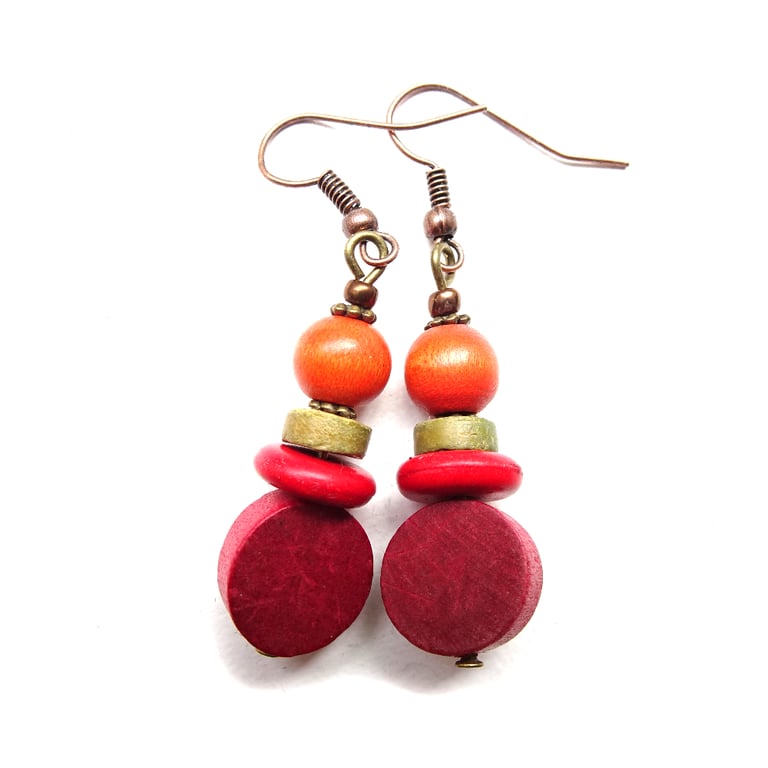 Brick Red Orange and Khaki Green Dangle Drop Earrings