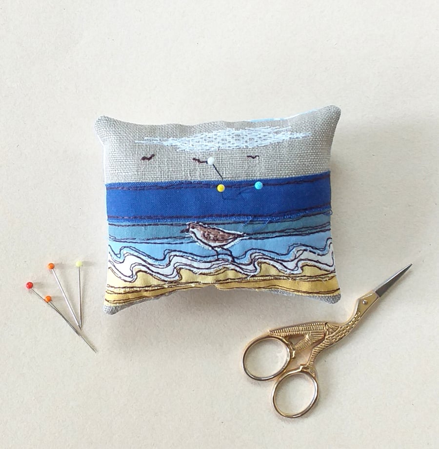 Pin Cushion with Embroidered Seascape