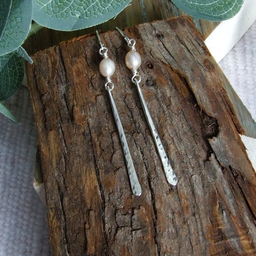 Earrings, Sterling Silver Long Teardrop with Cream Pearl