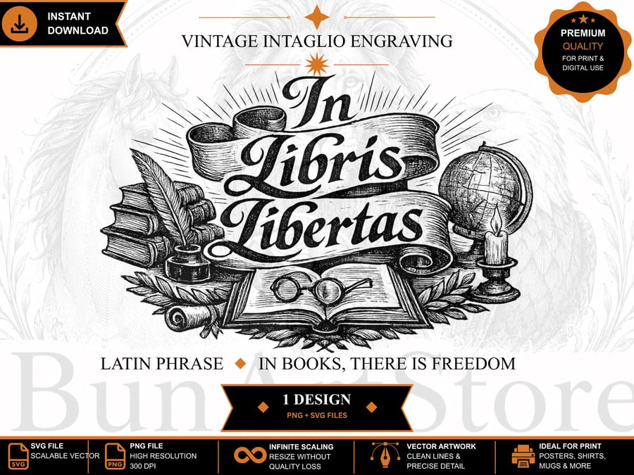 Vintage Intaglio Latin Quote PNG "In Libris Libertas" Wall Art (Digital Download
