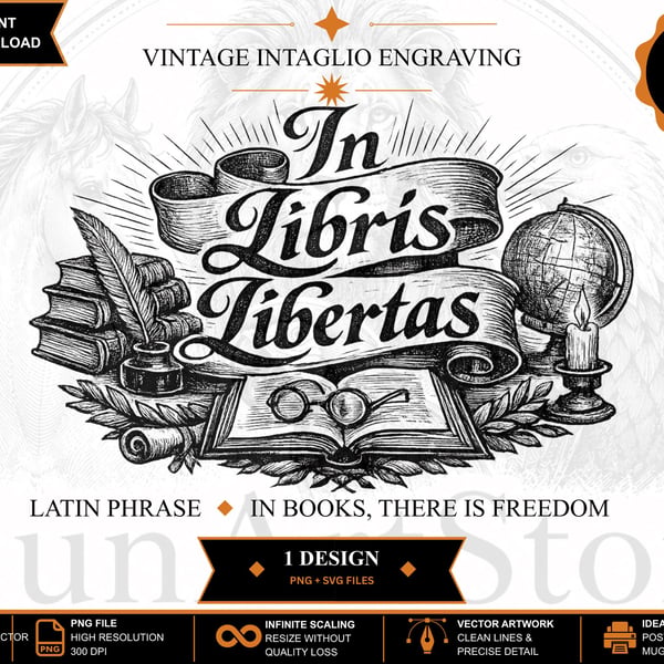 Vintage Intaglio Latin Quote PNG "In Libris Libertas" Wall Art (Digital Download