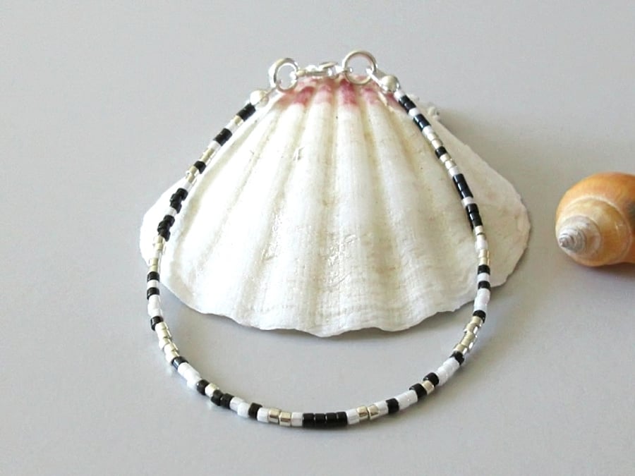 Black White & Silver Dainty Seed Bead Layering Friendship Bracelet - 6.5" - 8.5"