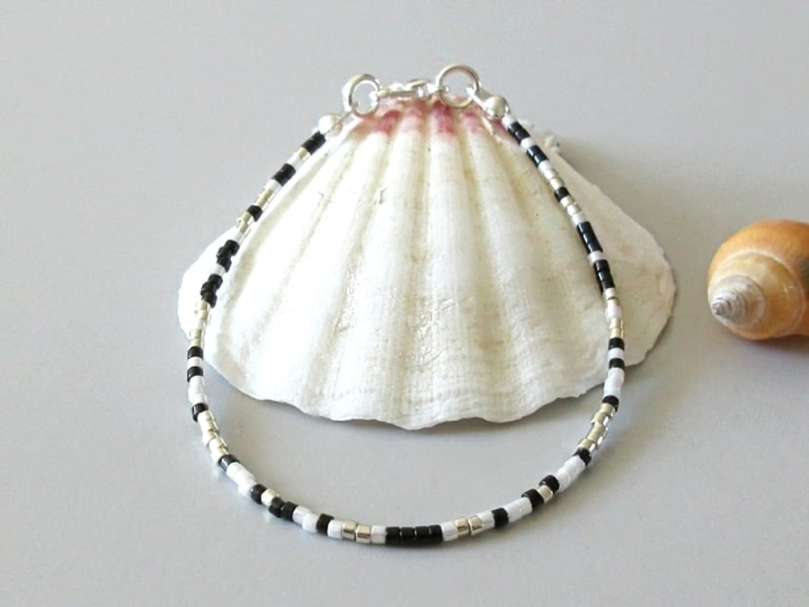 Black White & Silver Dainty Seed Bead Layering Bracelet - 6.5" - 8.5"