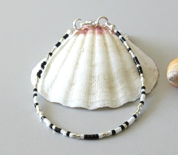 Black White & Silver Dainty Seed Bead Layering Friendship Bracelet - 6.5" - 8.5"