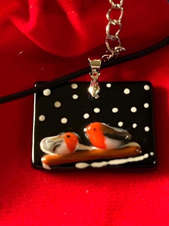 Bespoke Handcrafted Artisan Christmas Robins Pendant on Adjustable Black Cord