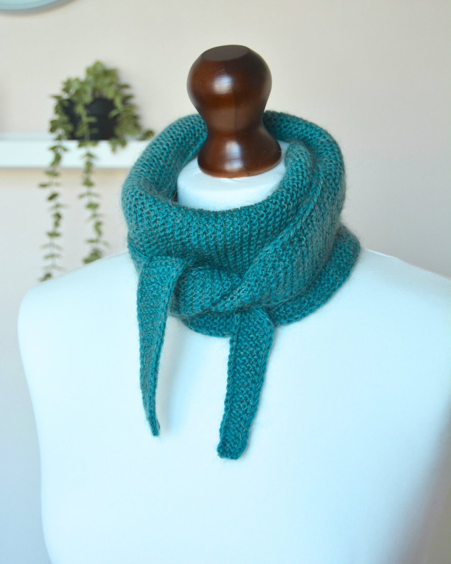 Knitted Scarf Small Triangle Scarflette Harmony Scarf Merino Silk Teal Green