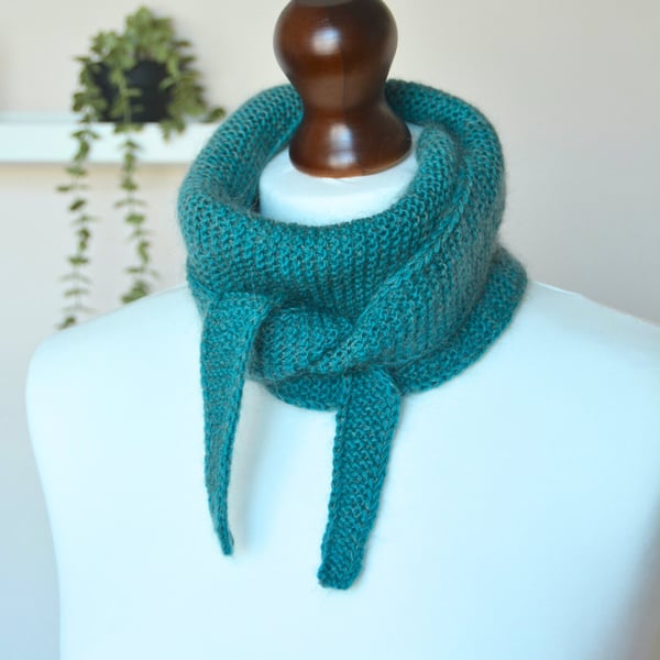 Knitted Scarf Small Triangle Scarflette Harmony Scarf Merino Silk Teal Green