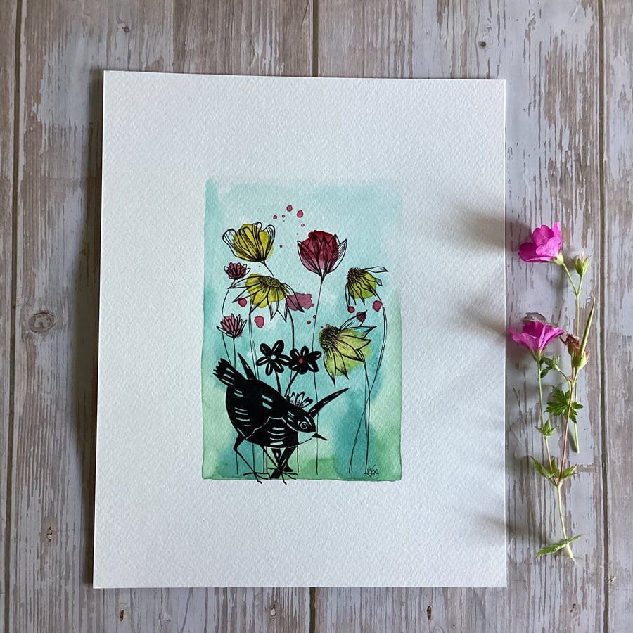 Bird and Flowers watercolour and ink painting, gift for bird lover, botanical 