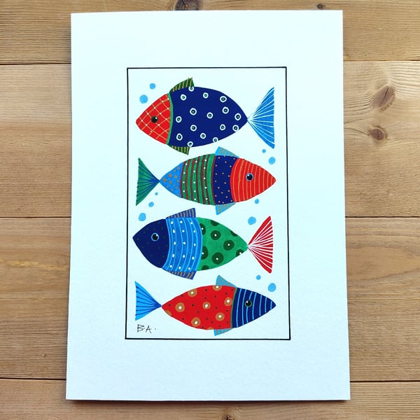 Folk art fish painting colourful original artwork A5 wall art tropical fish