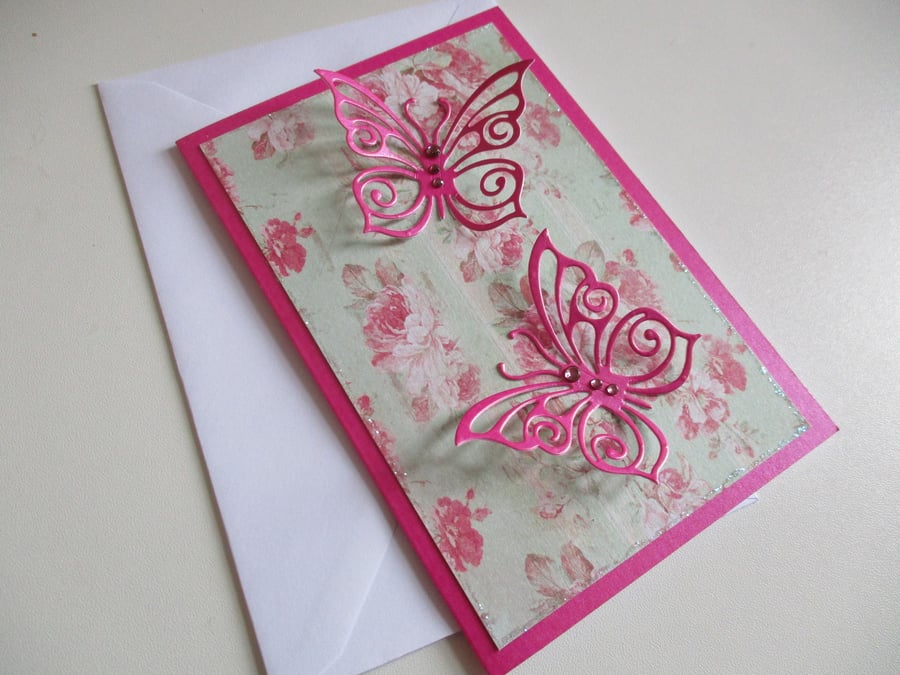 Butterfly Notecards x 4 - Pink Roses - Blank Cards - Greeting Cards