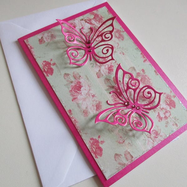 Butterfly Notecards x 4 - Pink Roses - Blank Cards - Greeting Cards
