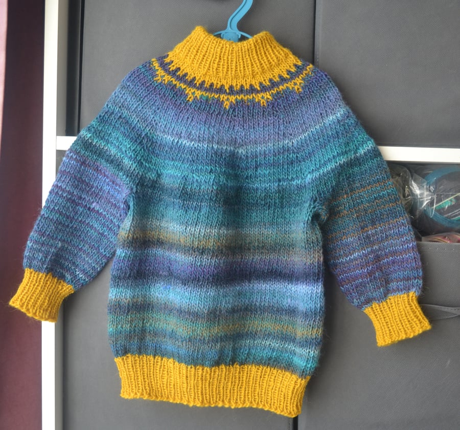 Hand Knitted Baby Yoke Fairisle Sweater Blue Mustard Wool Acrylic 24 months