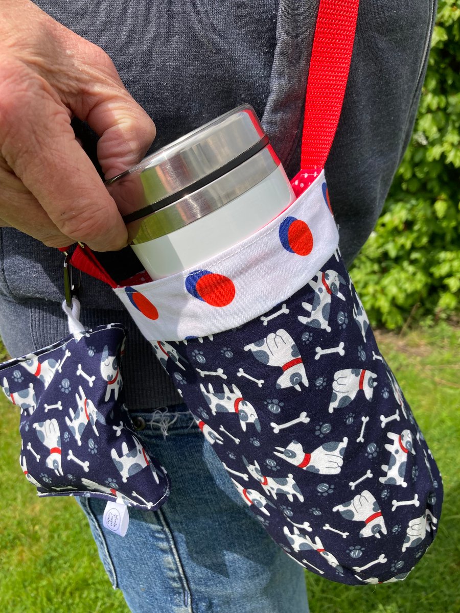 Water bottle carrier with pocket for phone. Navy and red with dog pattern