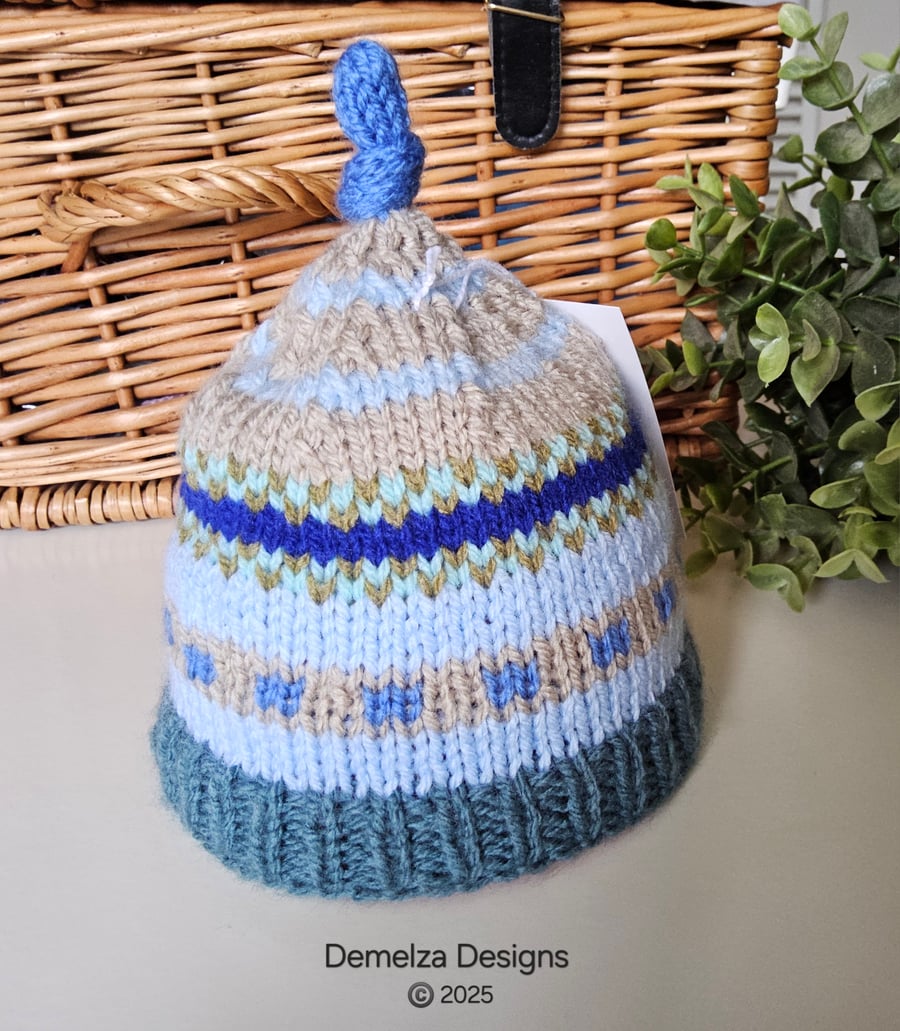 Designer Newborn Baby Knotted Fairisle Hat
