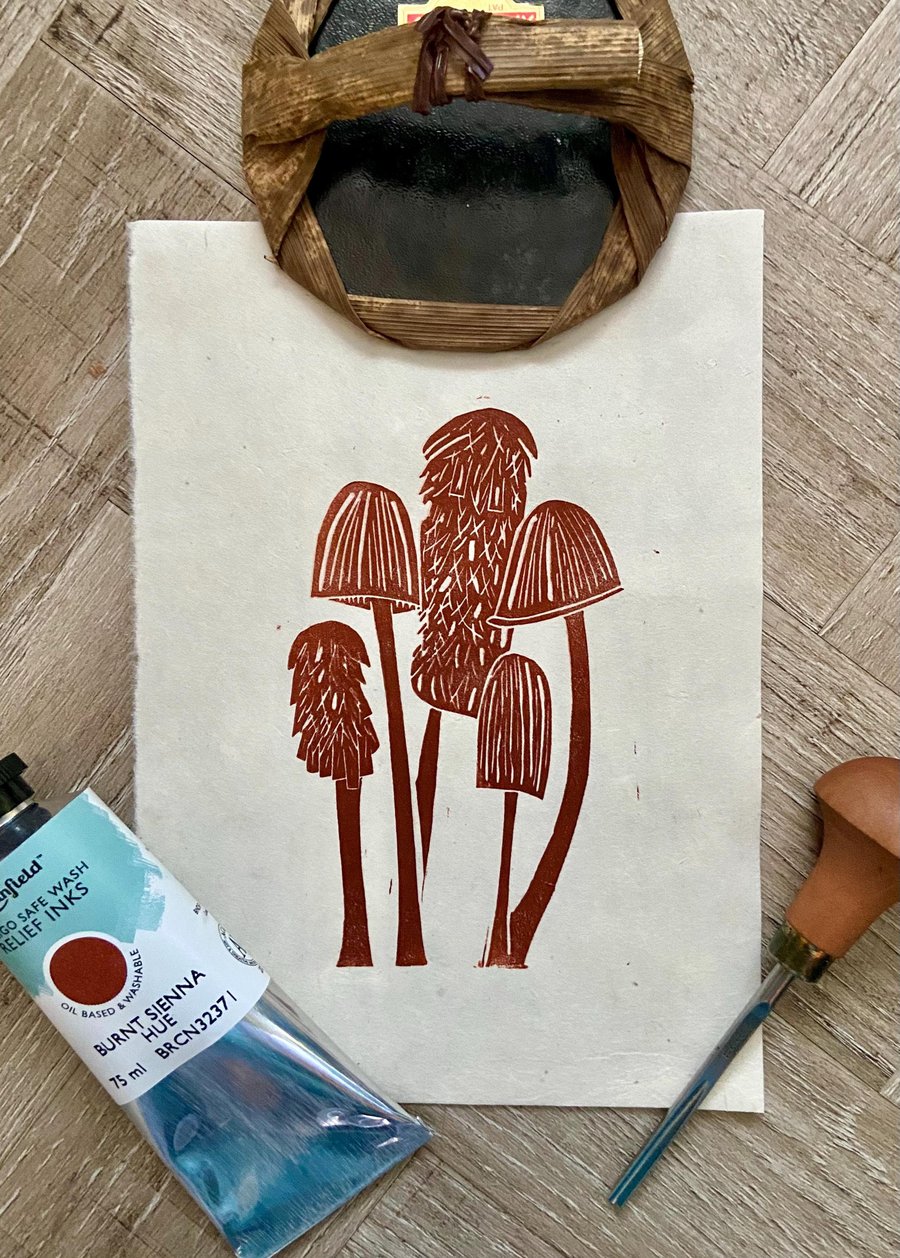 Mushroom Linoprint: Hand-Burnished Autumn Wall Art