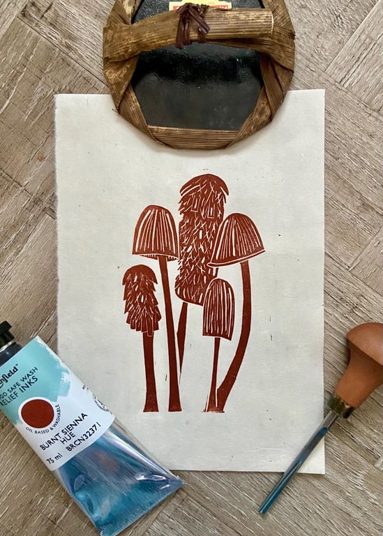 Mushroom Linoprint: Hand-Burnished Autumn Wall Art