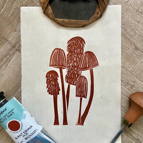 Mushroom Linoprint: Hand-Burnished Autumn Wall Art