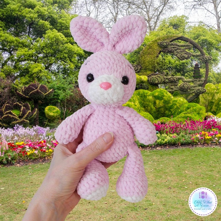 Pink crochet plush bunny soft toy. Rabbit soft toy and boots set. UKCA tested.