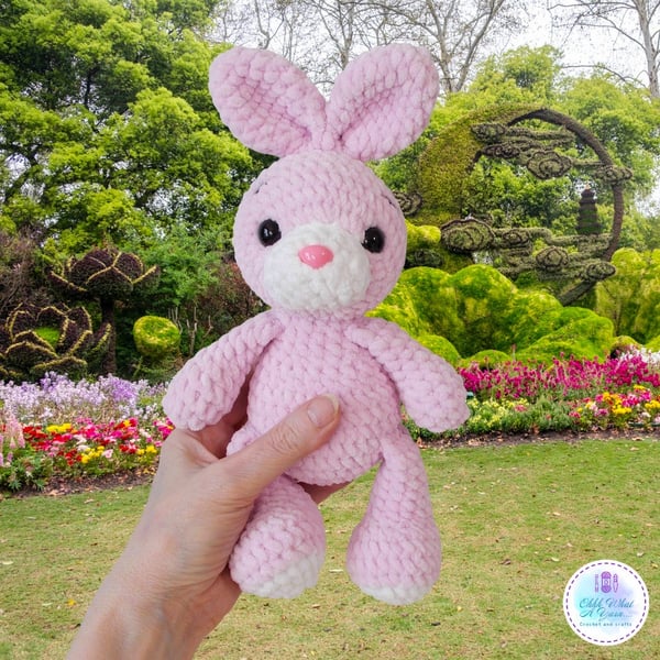 Pink crochet plush bunny soft toy. Rabbit soft toy and boots set. UKCA tested.