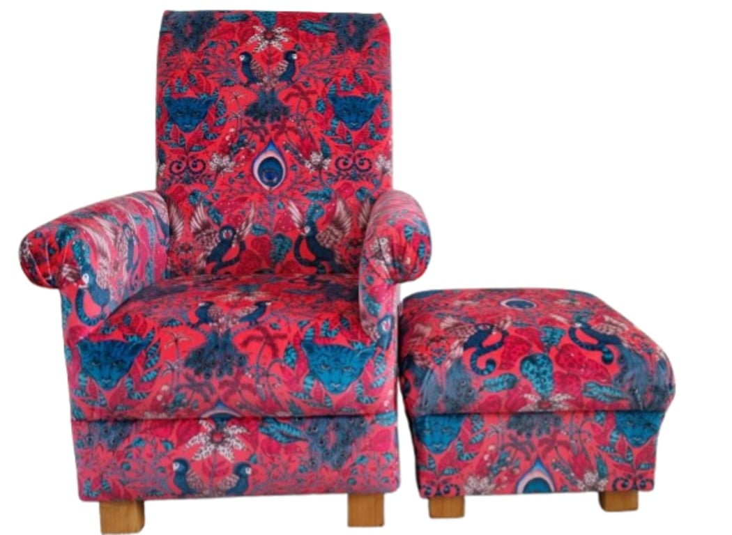 Emma Shipley Amazon Red Velvet Fabric Adult Chair & Footstool Armchair Tigers 