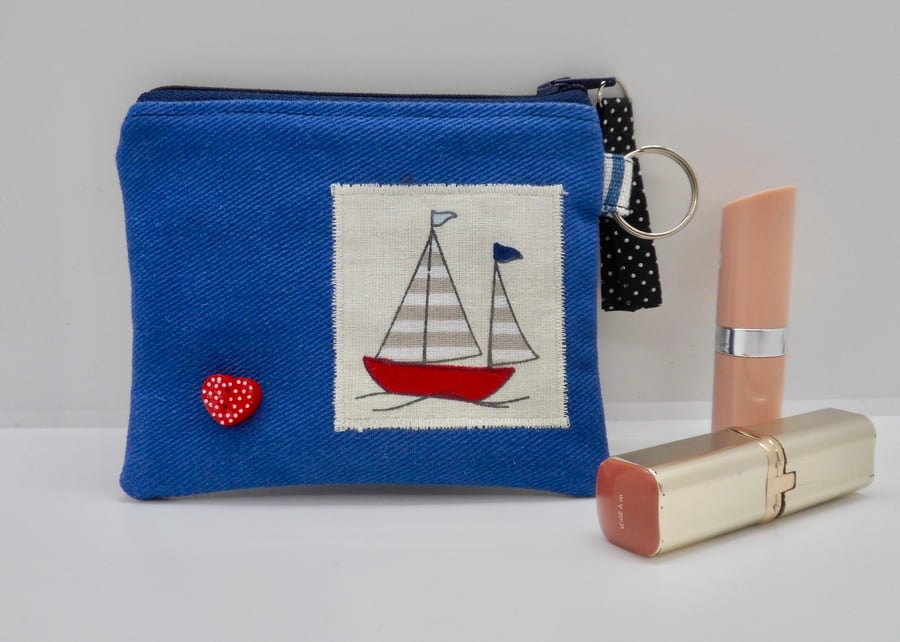 Denim coin purse with sailing boat motif