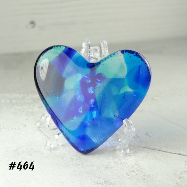 Blue fused glass heart pocket hug with stand 5x4.5cm, handcrafted (464)