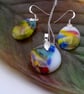 Multi and White Fused Glass and Sterling Silver Hook Earrings and Pendant Set