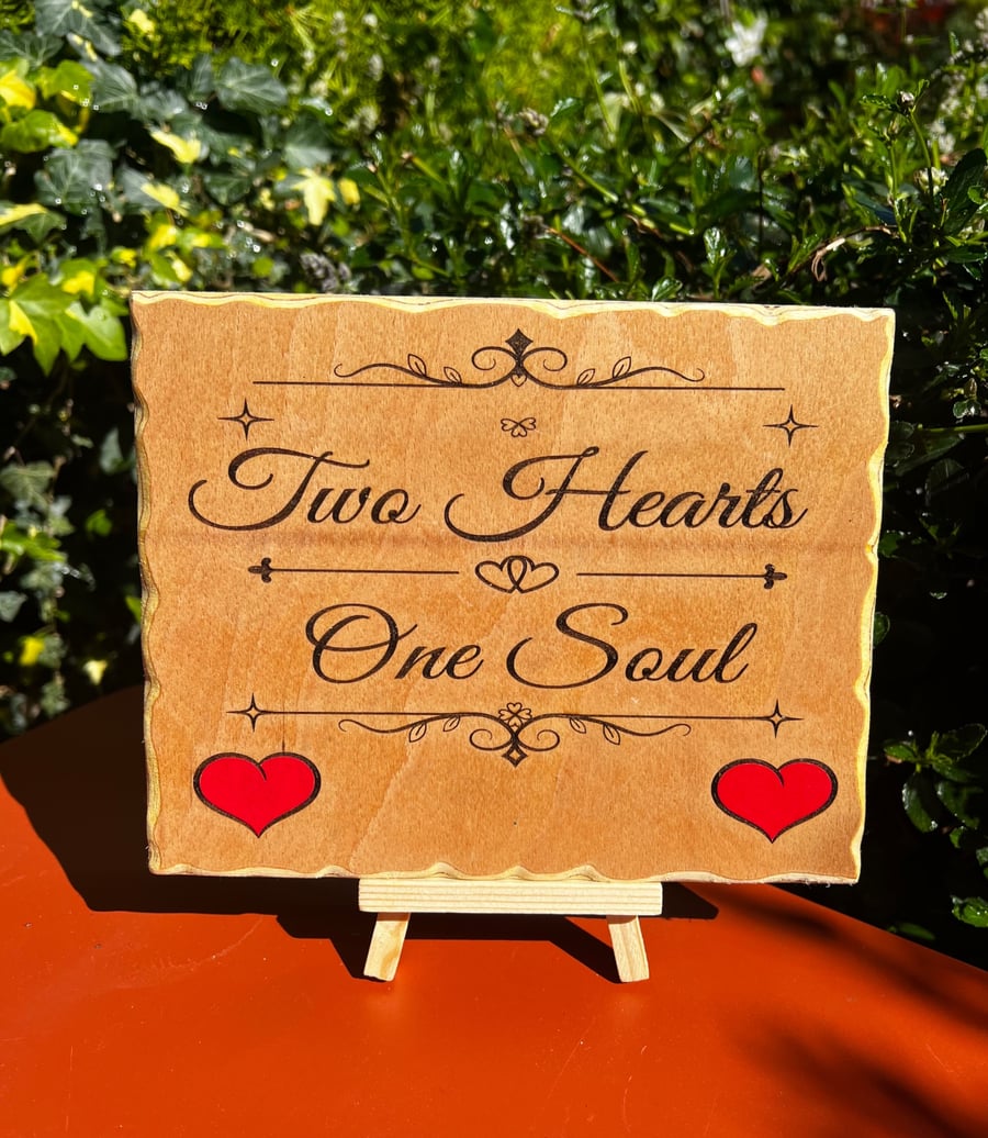 Two hearts one soul wooden sign