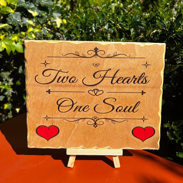 Two hearts one soul wooden sign