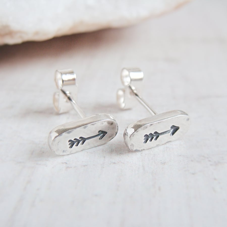 Chunky Eco Silver Single Arrow Stud Earrings - Hand Stamped Symbol Jewellery