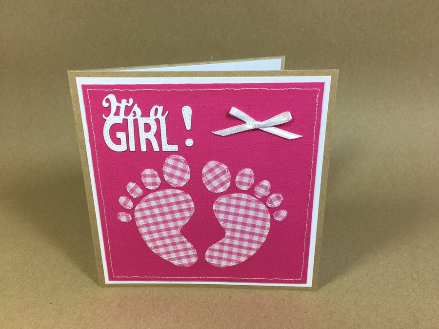 Baby Feet It's A Girl Fabric Greetings Card