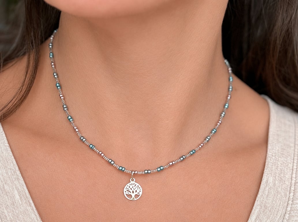 Necklace - Seed Beads and Sterling Silver Tree of Life Charm Ref R21