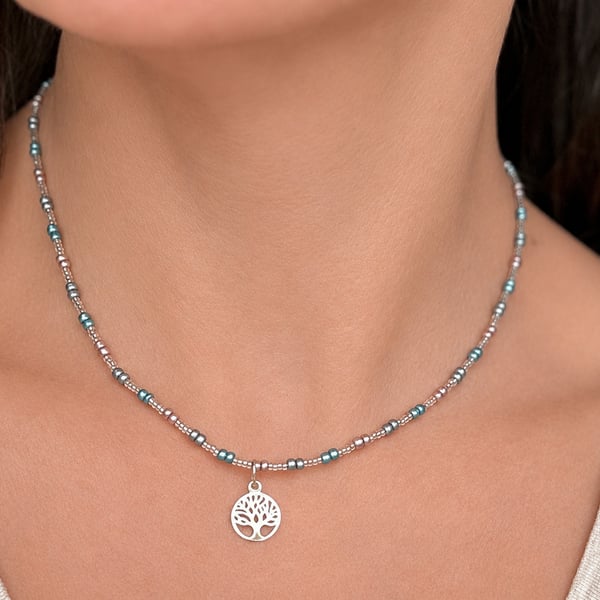 Necklace - Seed Beads and Sterling Silver Tree of Life Charm Ref R21