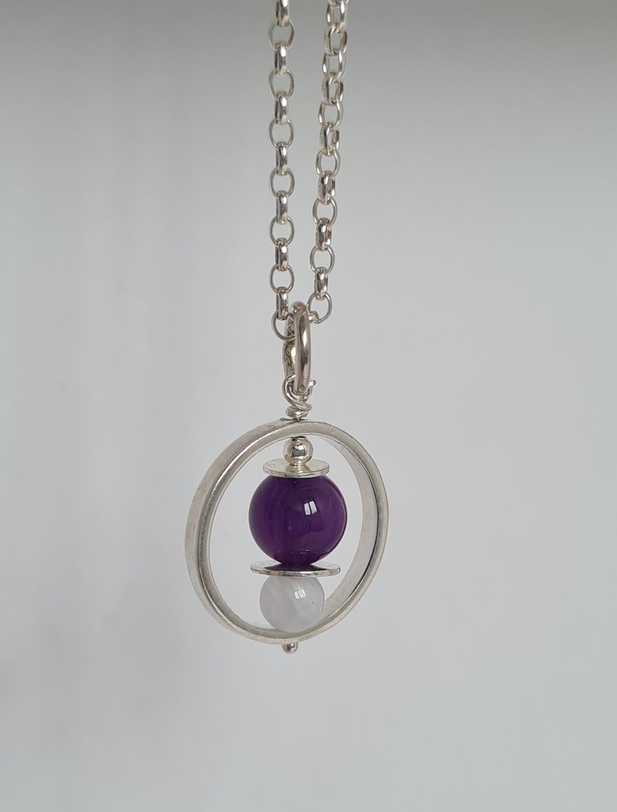 Amethyst and Agate in a Silver Circle Necklace