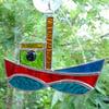 Stained Glass Tug Suncatcher - Handmade Window Decoration - Red and Blue
