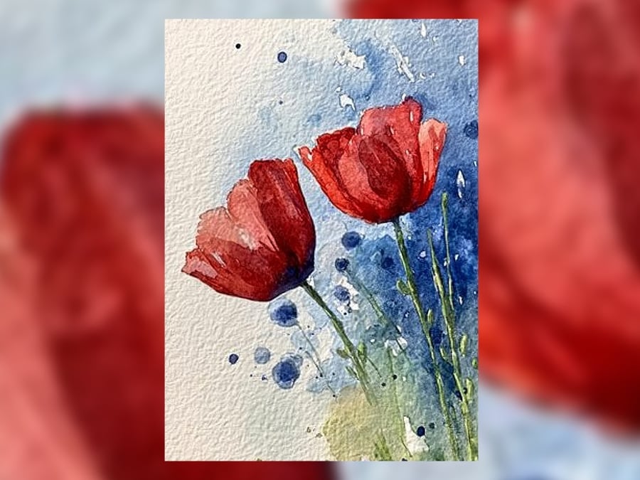 Red Poppy Painting, Delicate Watercolor Floral Art 5"x7" on Matte Paper