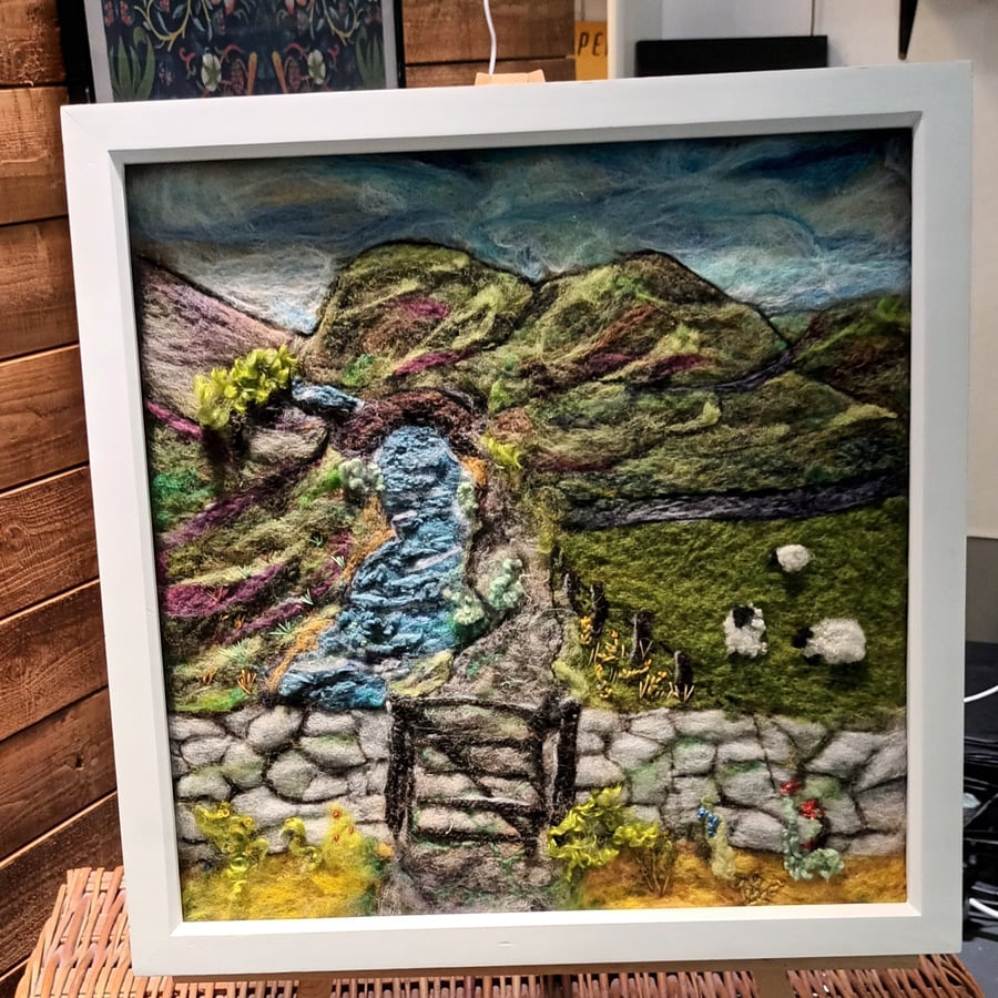 Needle felted and hand embroidered wool picture - sheep by the stream