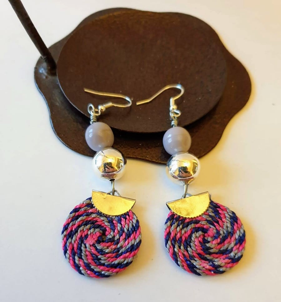 Bead and textile spiral earrings