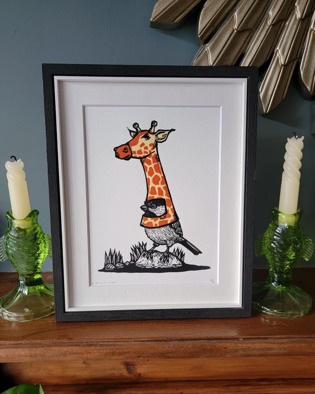 Bird wearing a giraffe mask - handmade original linocut bird art print