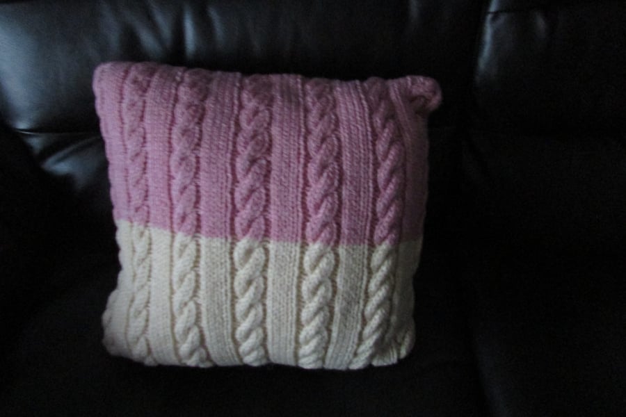 Pink and Cream Arran Cable Cushion Cover