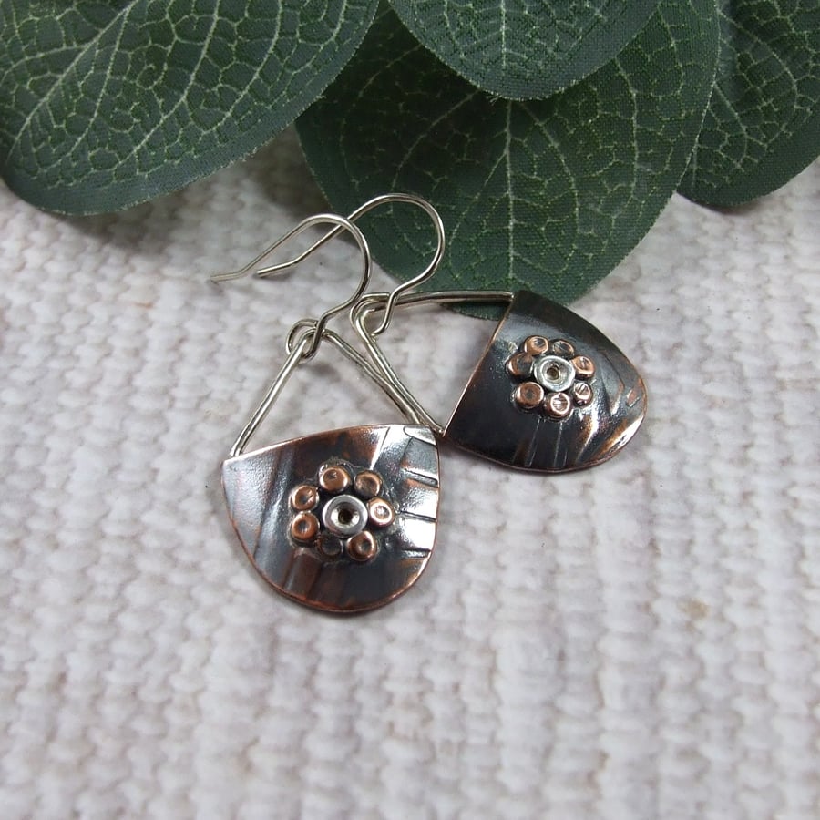 Earrings, Sterling Silver and Copper Teardrop Flower Droppers