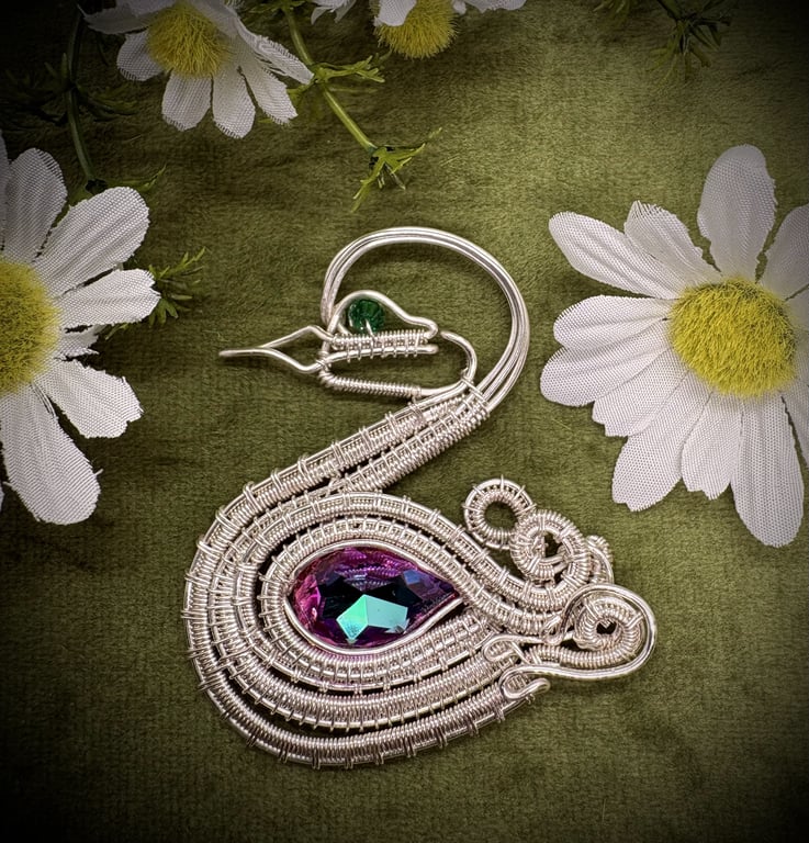 Silver wire wrapped Baby Swan with Teardrop Crystal