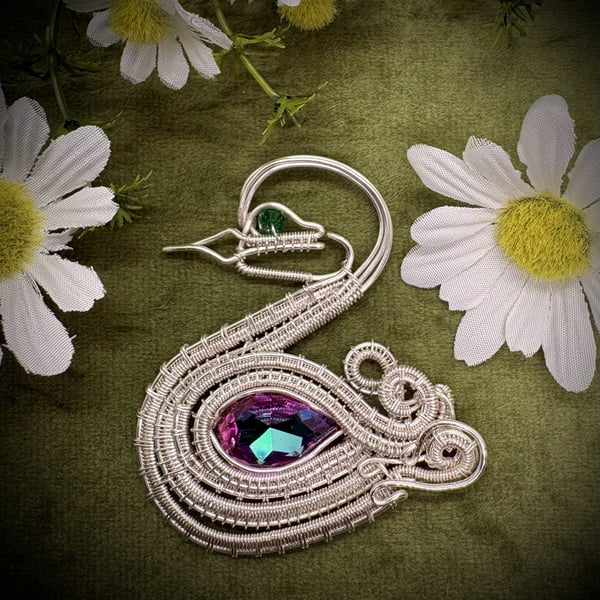 Silver wire wrapped Baby Swan with Teardrop Crystal